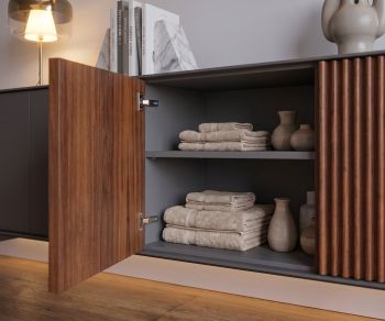 al2 ka-bera 003 B design sideboard open for storage in a bathroom, modern wooden cabinet with towels and LED light.