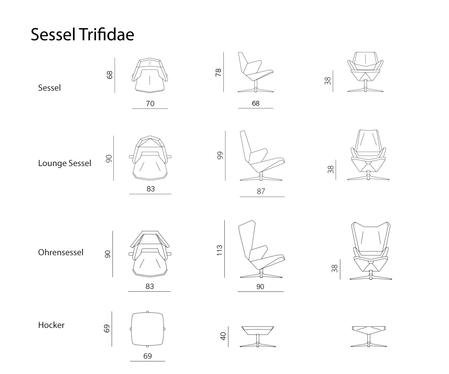 Prostoria Armchair Trifidae Collection Dimensions Sizes Sketch Sizes