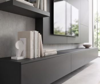 Livitalia C102 floating TV wall unit in dark grey. Modern living room media console with wall panel and shelves.