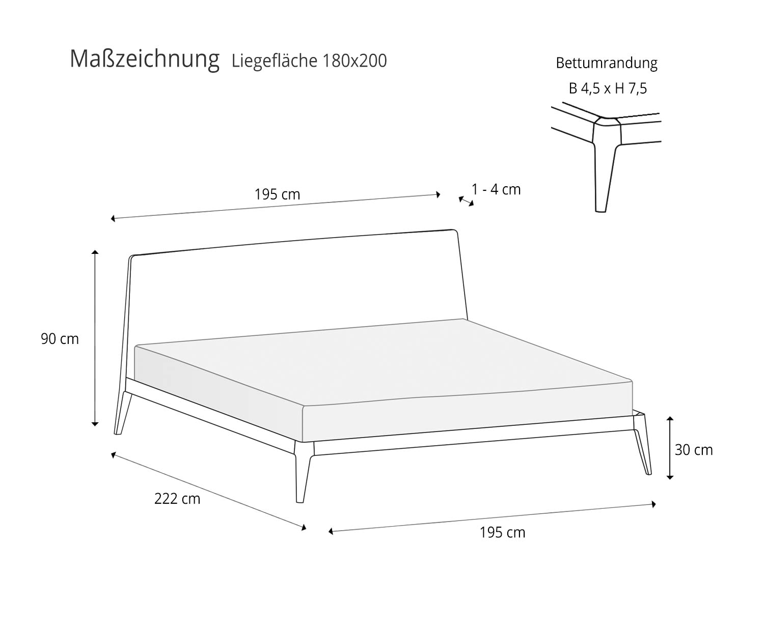 Size details sketch Novamobili Designer bed Siri 180x200 mattress base