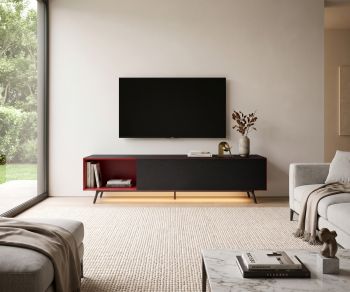 Livitalia Minimal Lowboard TV unit in a modern living room. Black body with red open compartment and LED lighting.