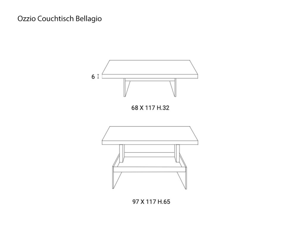 Sketch of designer coffee table Bellagio from Ozzio Dimensions Sizes Sizes