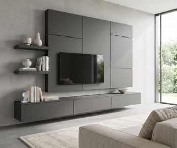 Livitalia C102 TV wall unit with floating lowboard and TV panel. Modern dark grey living room wall entertainment unit.