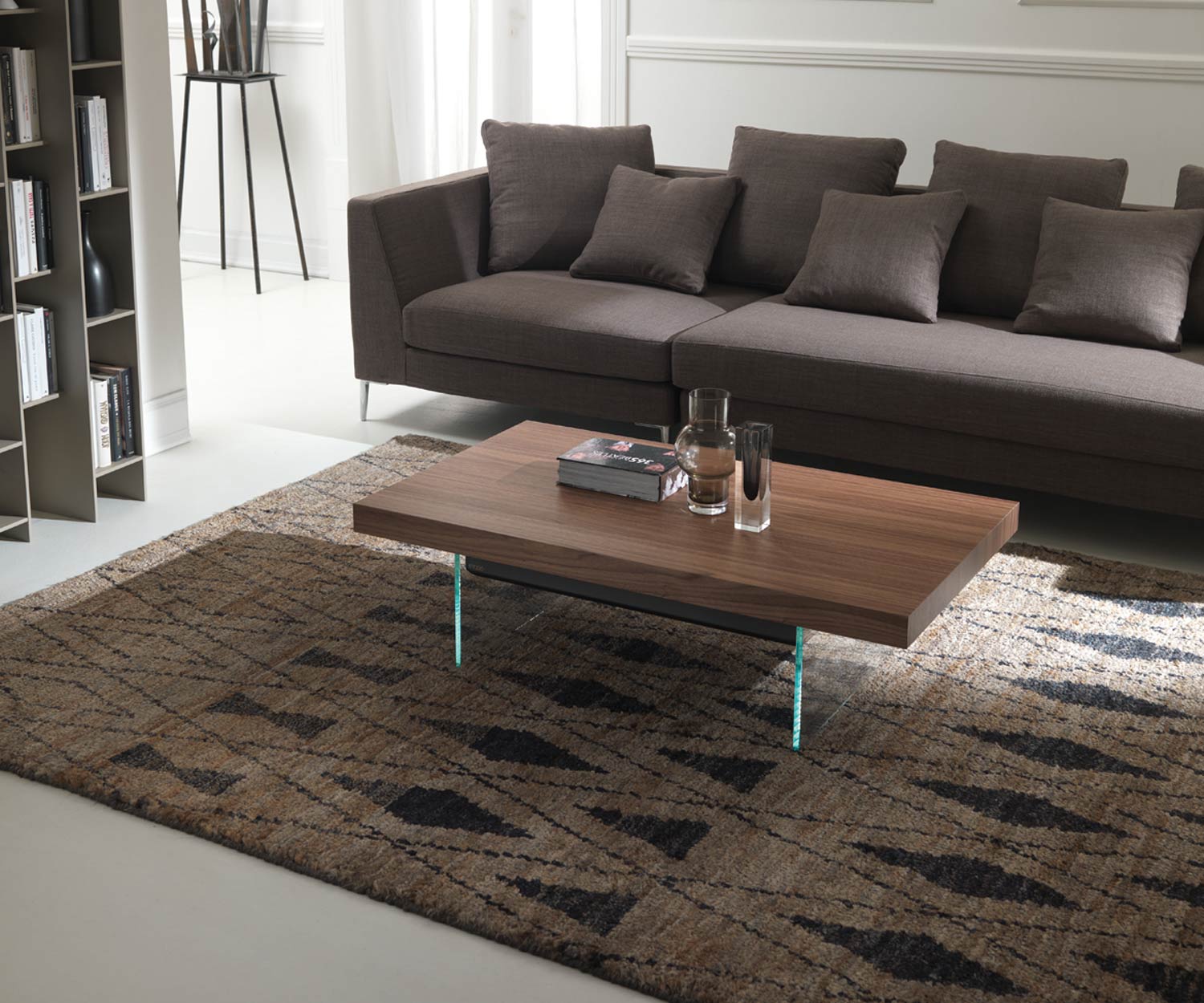 Ozzio Bellagio walnut coffee table on transparent legs