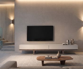 al2 Mobius 004 TV lowboard in a modern living room, matte white media cabinet with dark wood legs in minimalist design.