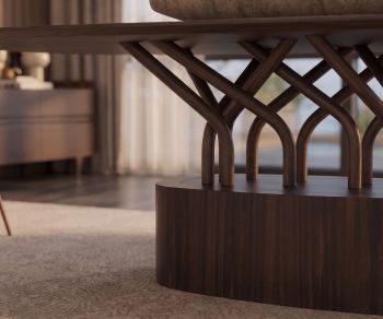 al2 wood-oo 001 a dining table in a modern dining room featuring an artistic dark wood pedestal base on a beige rug