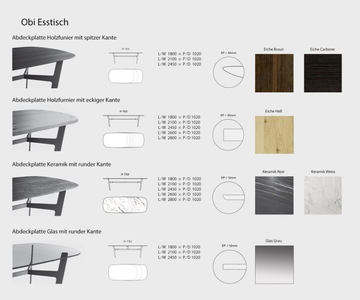 Obi Design dining table variants sketch dimensions sizes