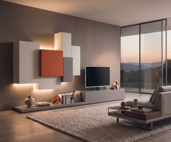 Livitalia EASY TV plinth platform in a modern living room, minimalist grey floor bench for media furniture and decor.