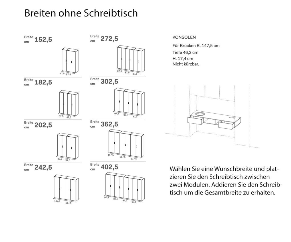 Wardrobe with desk Overall width Sketch Dimensions Sizes