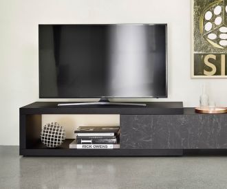 Modern designer TV wall unit C01 from Livitalia in detail open floor bench cabinet with marble look
