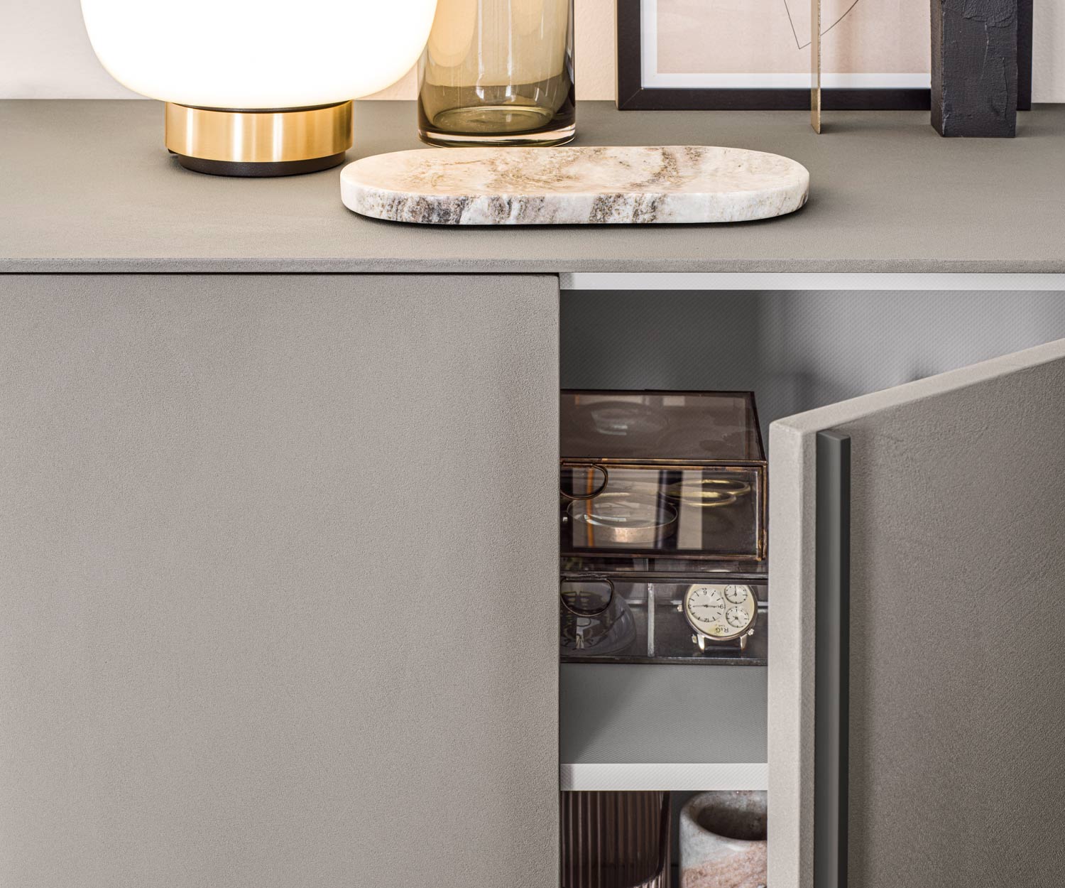 Detail of the open cupboard door of Novamobilis Cleo highboard