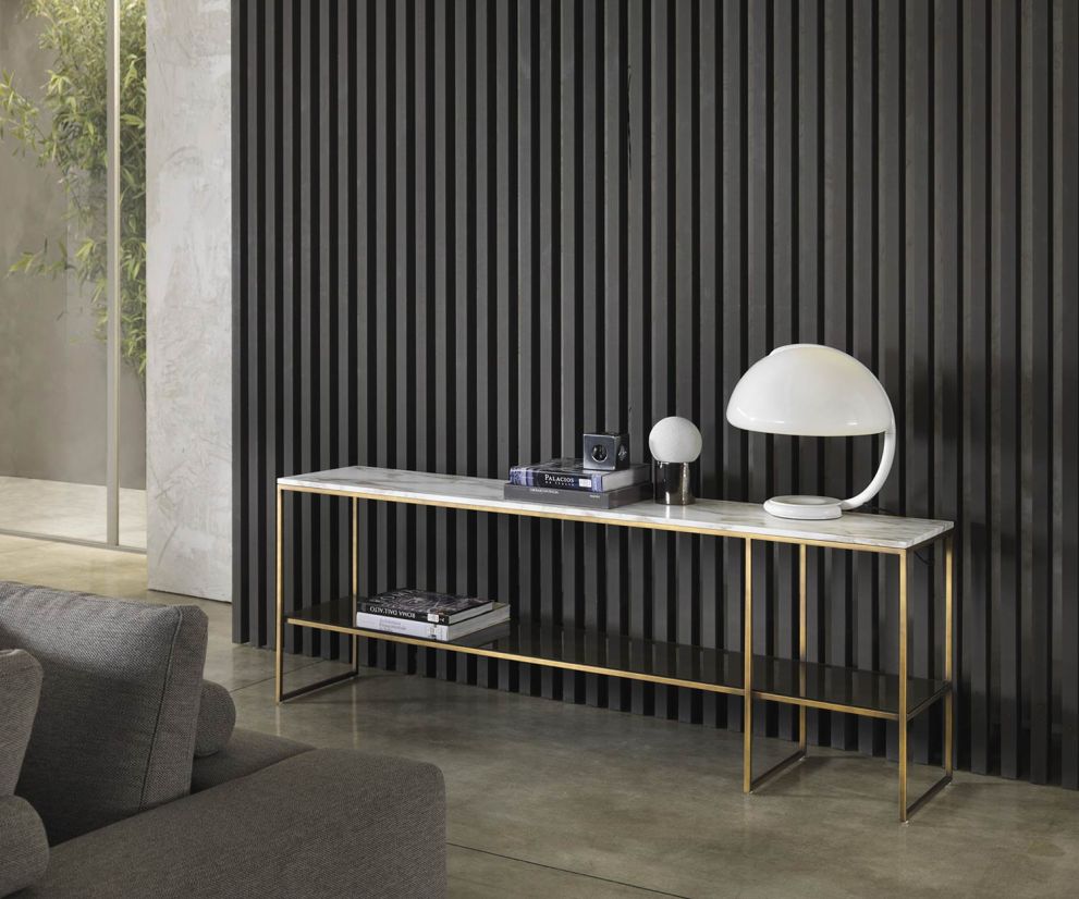 Rectangular Frame console from Marelli with brass frame glass top Calacatta marble
