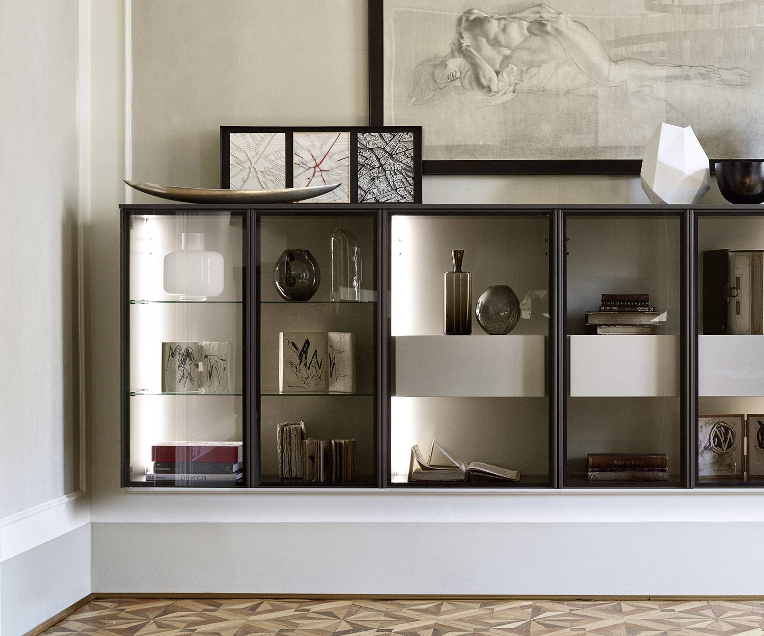 High-quality hanging Livitalia design glass cabinet with LED lighting in brown matt