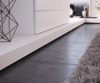 Livitalia EASY TV plinth in white, modern low bench for media furniture in a minimalist living room.