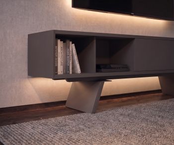 TV lowboard al2 e-klipse 005 for living rooms in matte grey with LED lighting, open compartments and modern design.