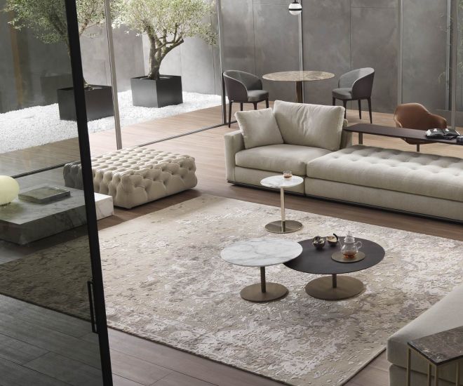 Comfortable Marelli Matisse stool with coffee tables in seating group with sofa