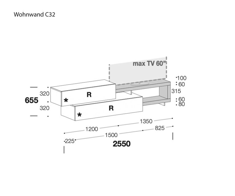 Livitalia TV wall unit C32 Sketch Dimensions Sizes Size specifications