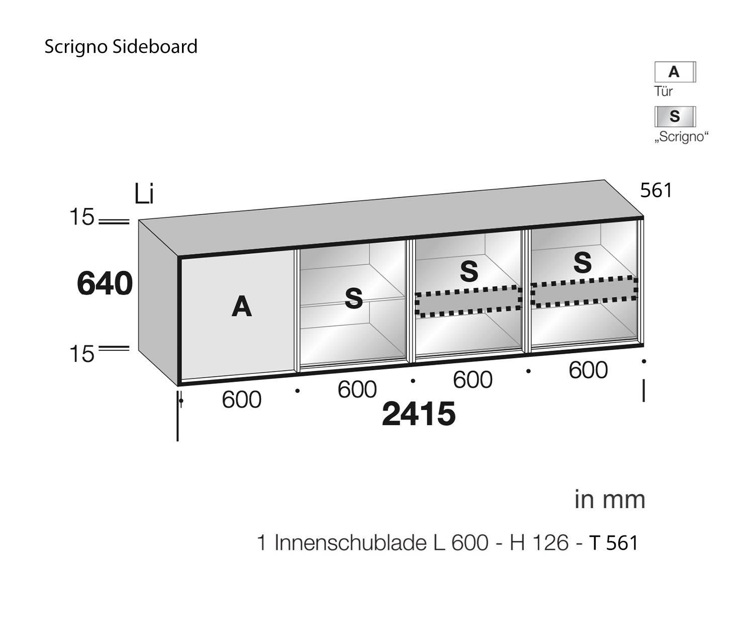Livitalia Glass design sideboard Scrigno Dimensions Sketch Size Sizes