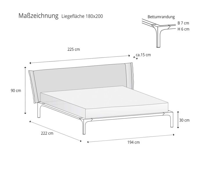 Lying surface 180x200 Design bed Park from Novamobili Sketch Sizes Dimensions