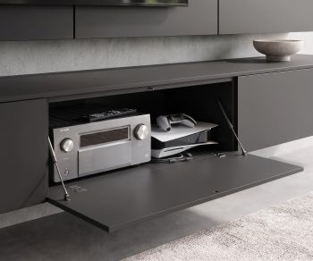 Livitalia C102 wall-mounted TV lowboard in anthracite with open drop-down door for media devices in a modern living room.
