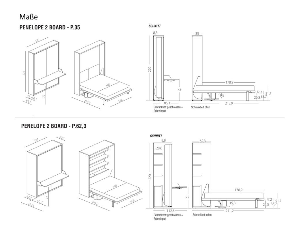 Designer wardrobe bed Penelope 2 dimensions sketch