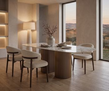 al2 dakry b 001 oval design dining table with ceramic top in a minimalist dining room with boucle chairs.