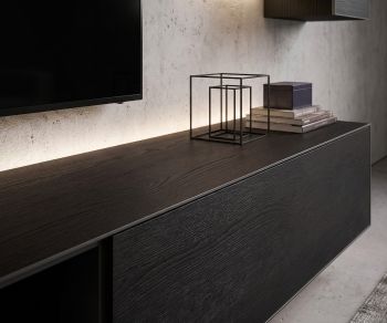 Livitalia Minimal lowboard TV unit in dark oak with ambient LED backlighting in a modern living room.