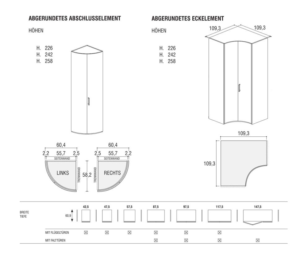 Round corner unit and end unit Dimensions Sketch Sizes