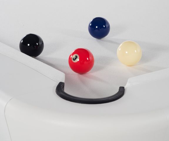 Corner pocket detail with balls RS Barcelona Diagonal billiard table white cloth