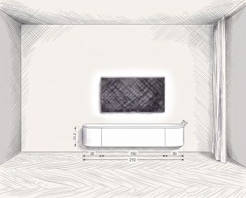 Dimension sketch Tondora lowboard W 210 cm with all dimensions in cm
