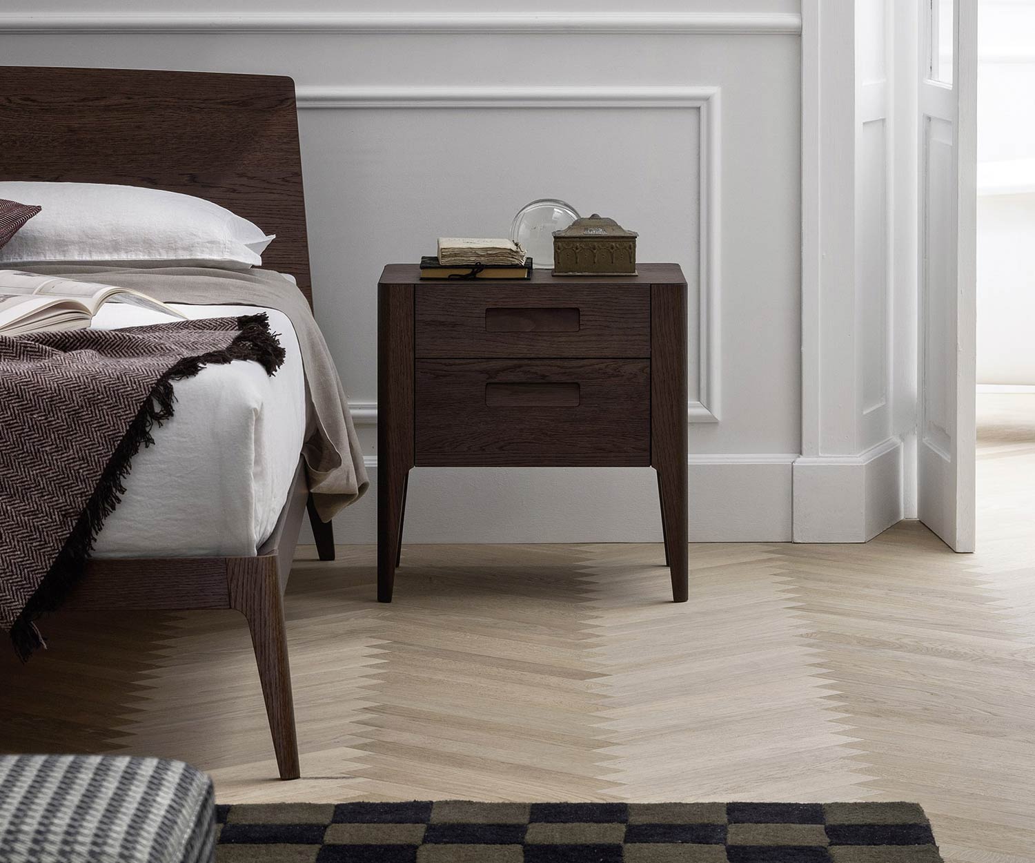 Exclusive Giotto design bedside cabinet with two drawers in dark oak