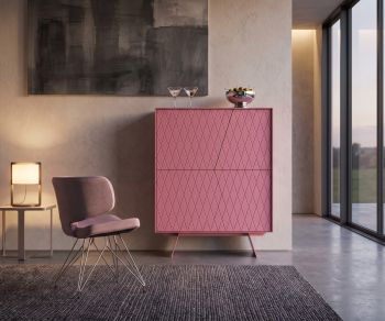 al2 e-klipse 009 pink highboard with diamond pattern in a modern living room next to a contemporary chair.