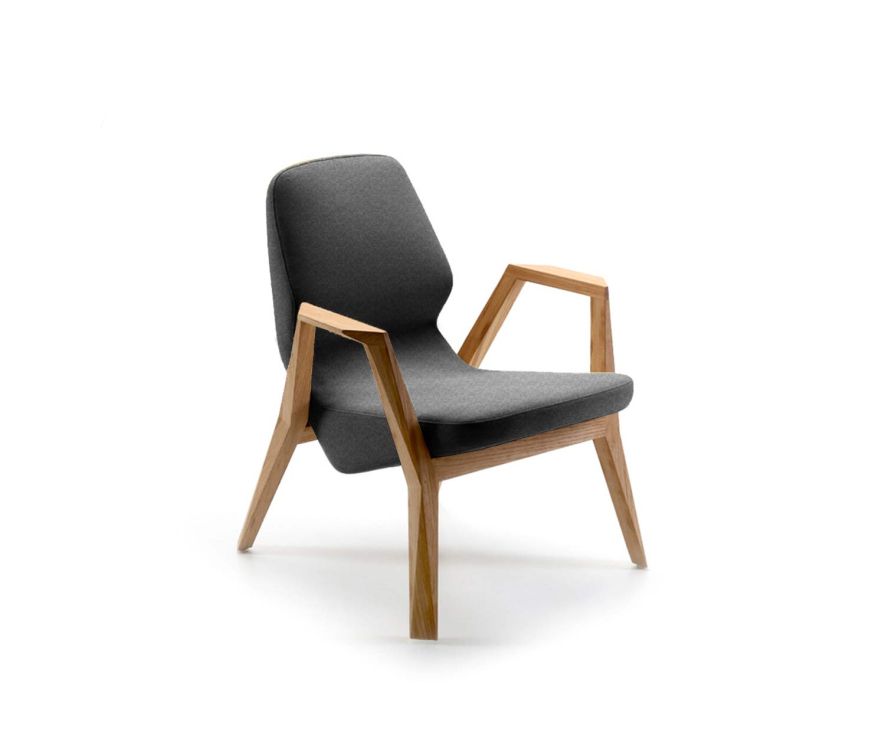 Prostoria Designer armchair Oblique with solid wood armrests in dark grey