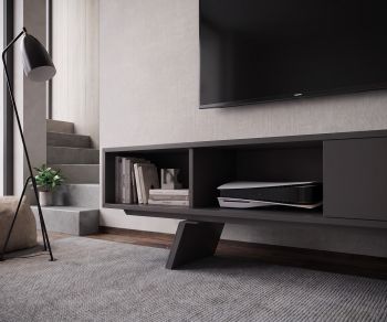 al2 e-klipse 005 TV lowboard in a modern living room. Minimalist dark grey TV cabinet with open media compartments.