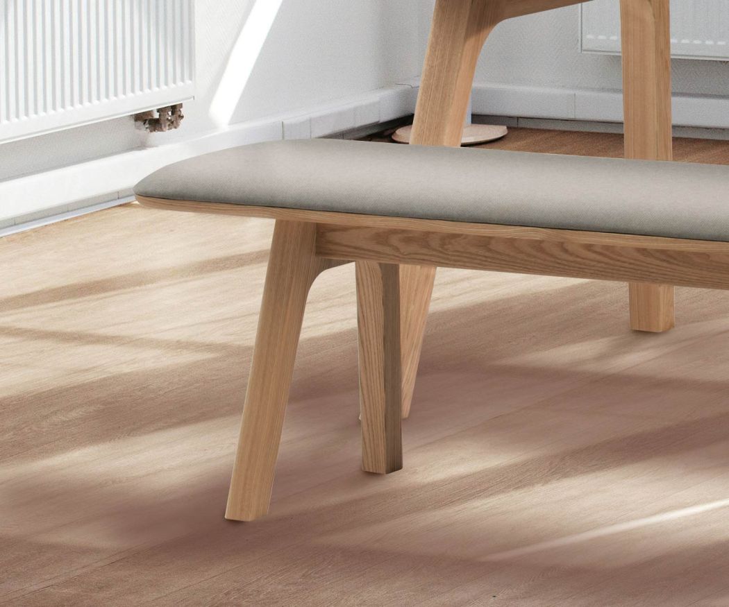 Conde House Ten designer bench in detail Bench upholstered in grey fabric