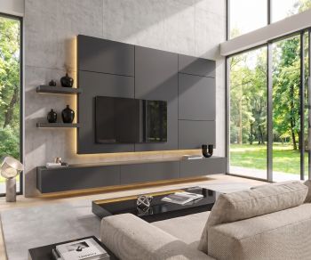 Livitalia C102 TV wall unit: Modern dark grey floating media console with backlit panel and shelves in a living room.
