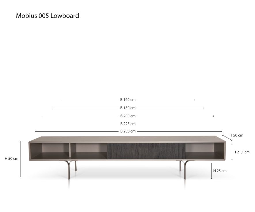 Designer living room design lowboard Mobius 005 from al2 Sketch Dimensions Sizes Size specifications