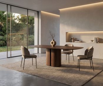 al2 el-it c 001 dining table in wood, minimalist modern dining room with chairs, rug and garden view.