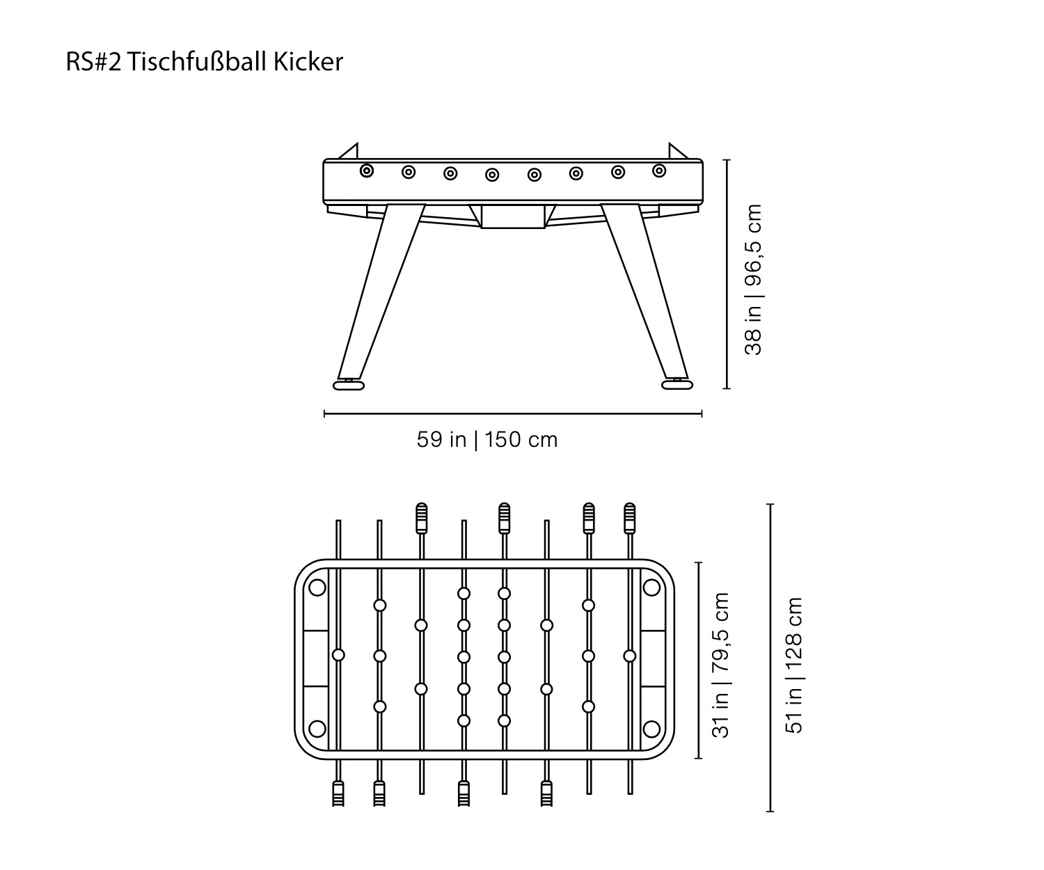 RS#2 Designer foosball table from RS Barcelona Sketch Dimensions Sizes Dimensions