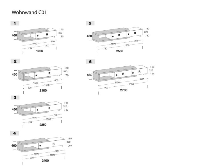 Sketch of dimensions Dimensions TV wall unit Livitalia C01