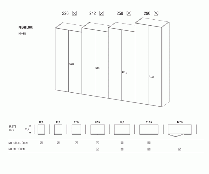 Novamobili Afla YNCA modules Doors Widths Heights