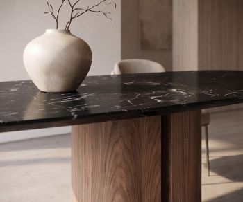 al2 el-it c 001 dining table for the dining room with black marble ceramic top and wooden base in minimalist style.