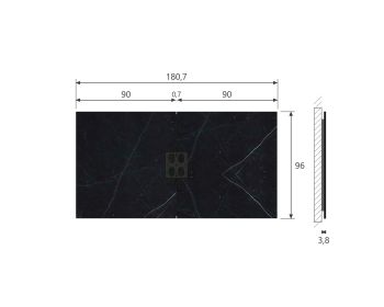 Maßskizze TV Paneel Keramik B 180 cm / H 96 cm mit allen Maßen in cm
