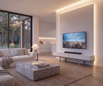 al2 Mobius 004 TV lowboard in white, styled in a modern living room below a wall-mounted television.