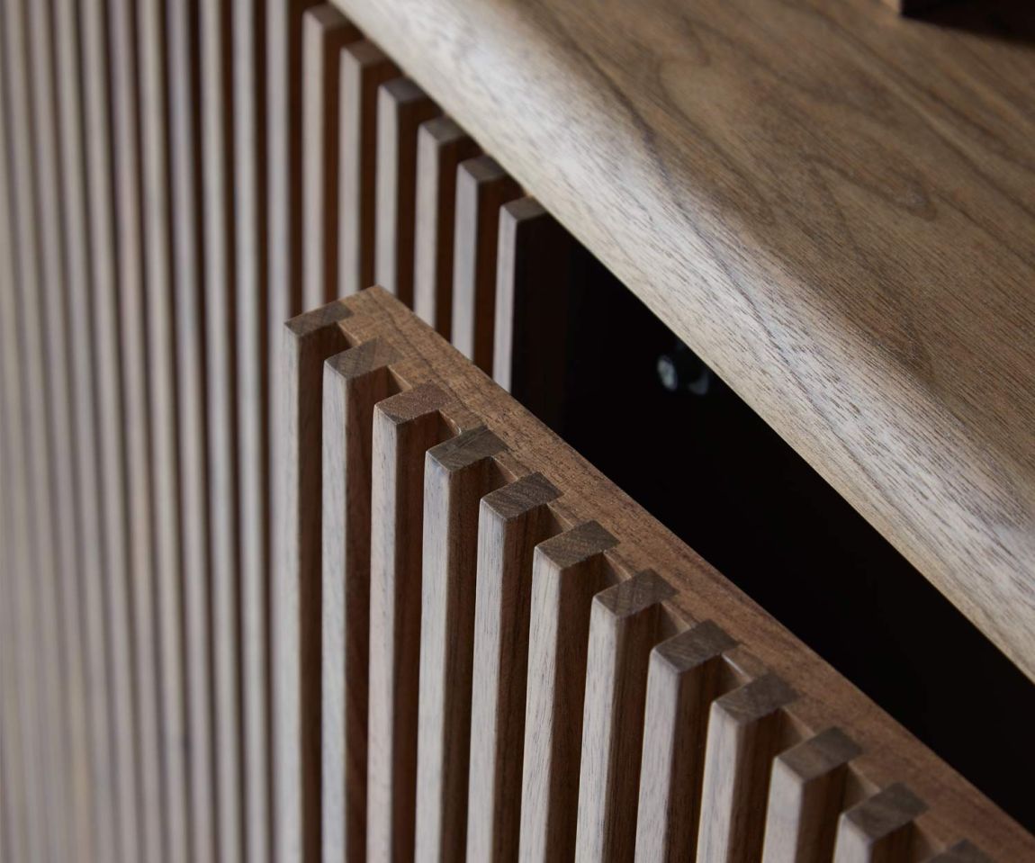 Design highboard detail with open louvre door walnut veneer