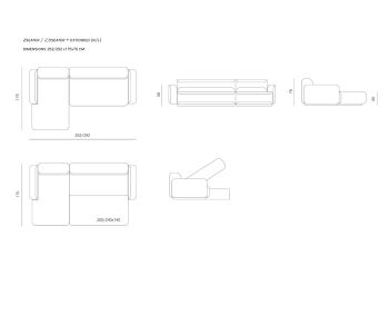 Prostoria Designer sofa bed Fade 2.5 seater Sketch Dimensions