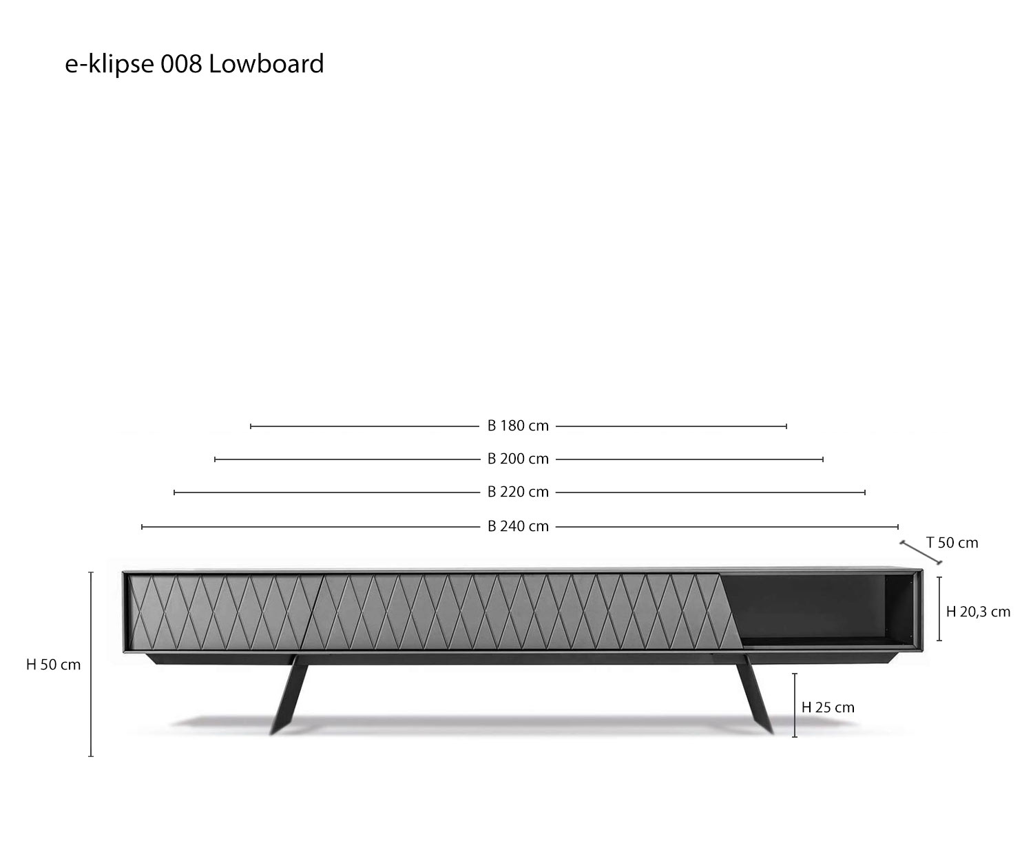 Designer design lowboard e klipse 008 from al2 Sketch Dimensions Sizes Size specifications Variants