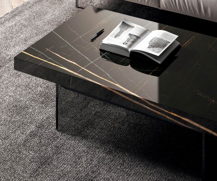 Detail table top black glossy marble glass from Ozzio Coffee table Bellagio