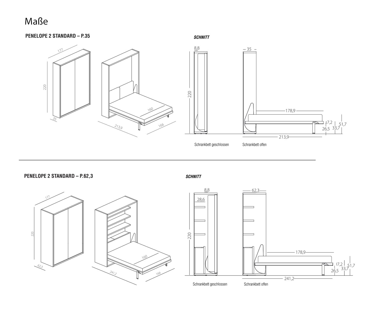Clei Penelope 2 design wardrobe bed sketch dimensions