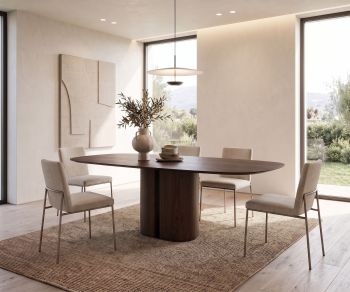 al2 el-it c 001 wooden dining table in a minimalist dining room with modern chairs and a natural fiber rug.